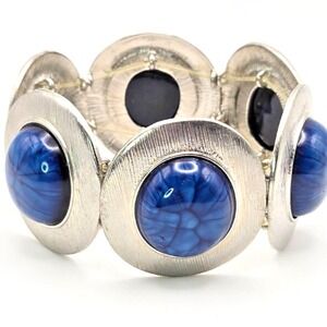 Large Silvertone and Blue Oval Cabochon Discs‎ Stretch Cuff Bracelet